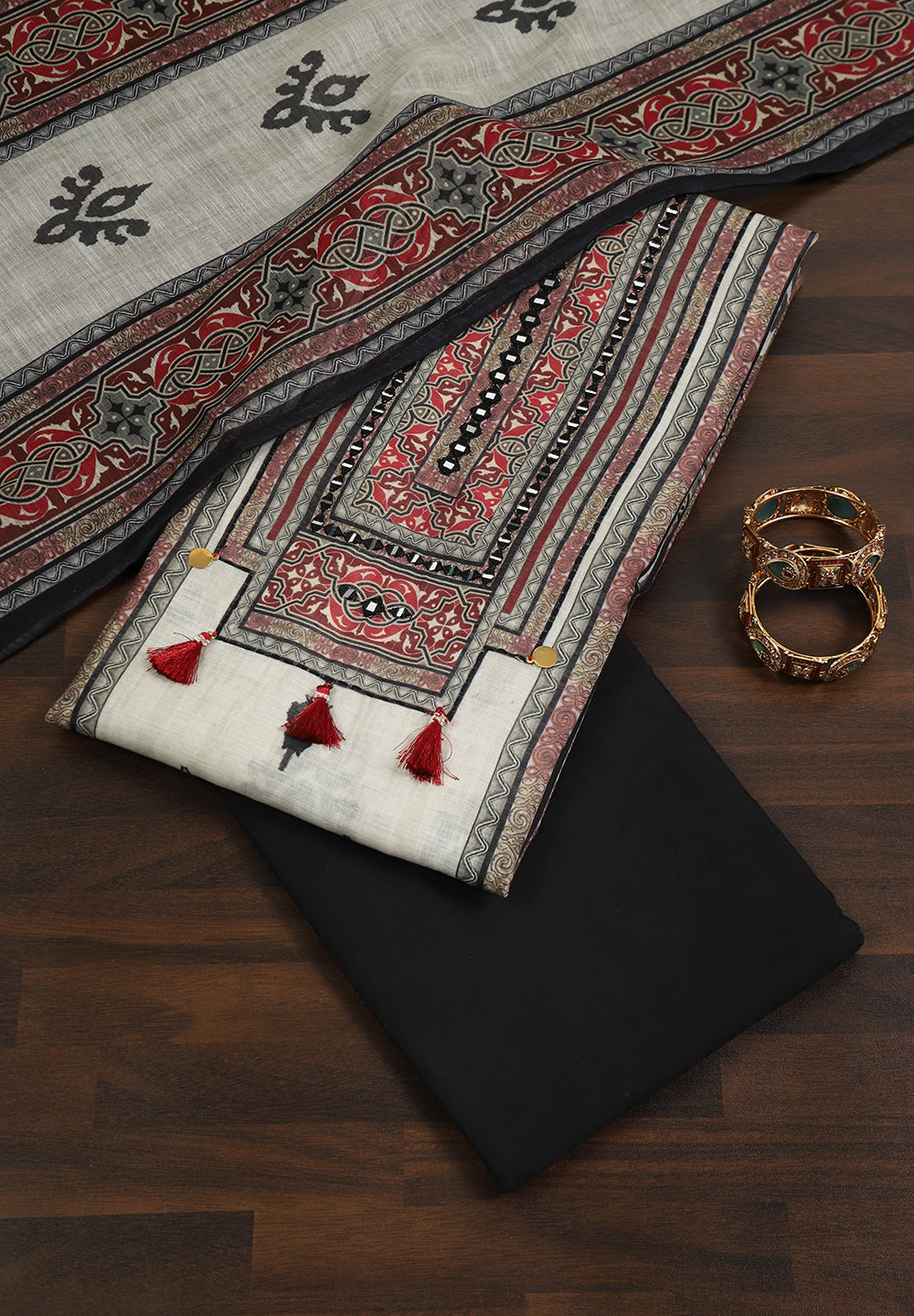 Linen Cotton Unstitched Suit With Mirror Work