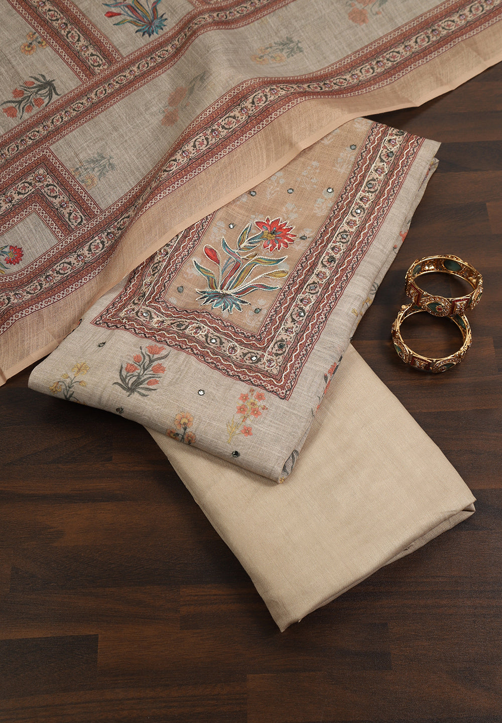 Printed Linen Cotton Unstitched Suit With Thread Work