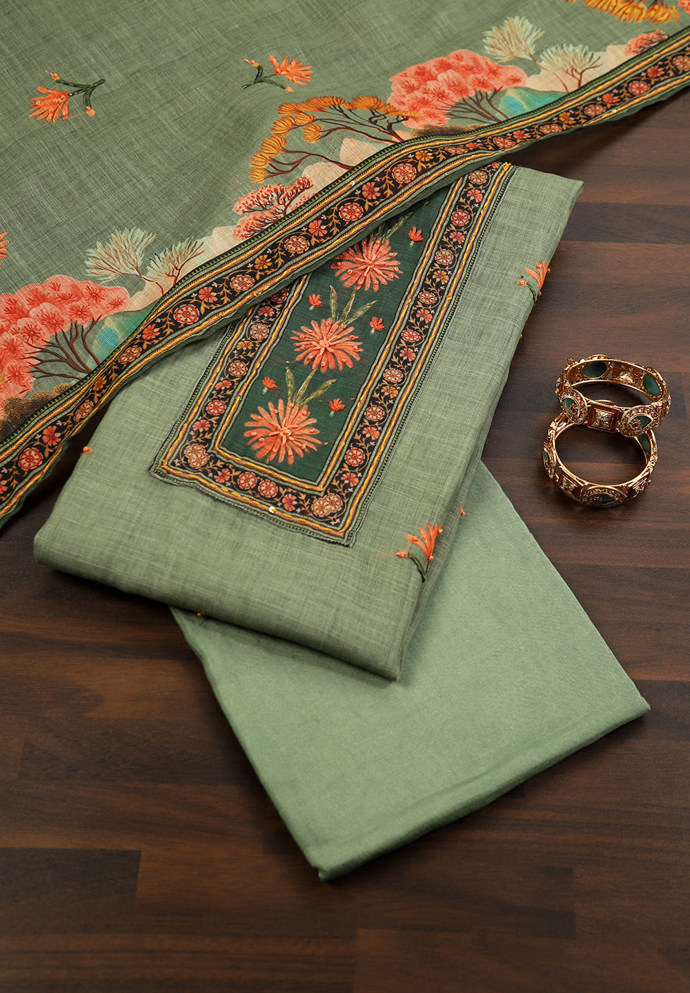 Printed Linen Cotton Unstitched Suit With Thread Work