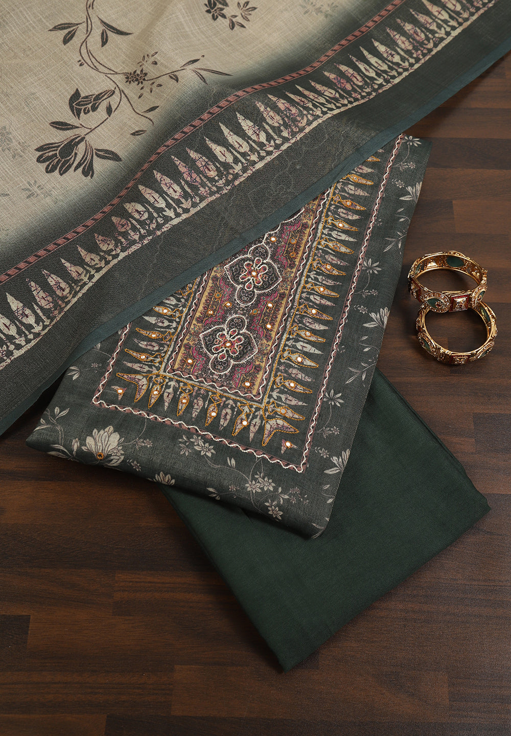 Printed Linen Cotton Unstitched Suit With Thread Work