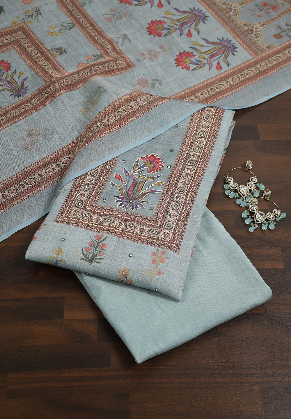 Printed Linen Cotton Unstitched Suit With Thread Work