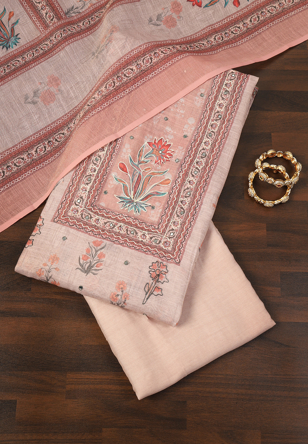 Printed Linen Cotton Unstitched Suit With Thread Work