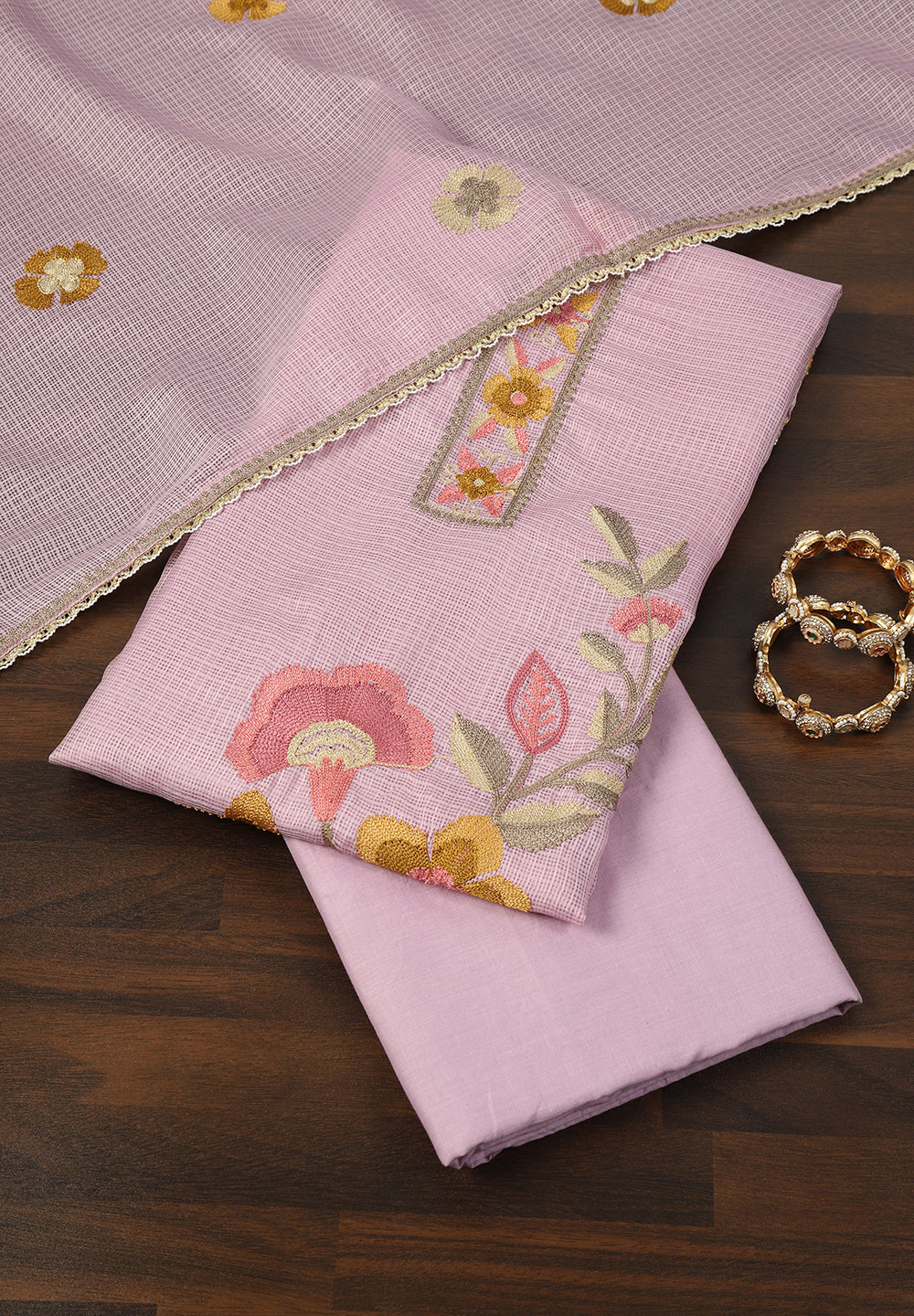 Lightweight Supernet Unstitched Suit with Floral Embroidery