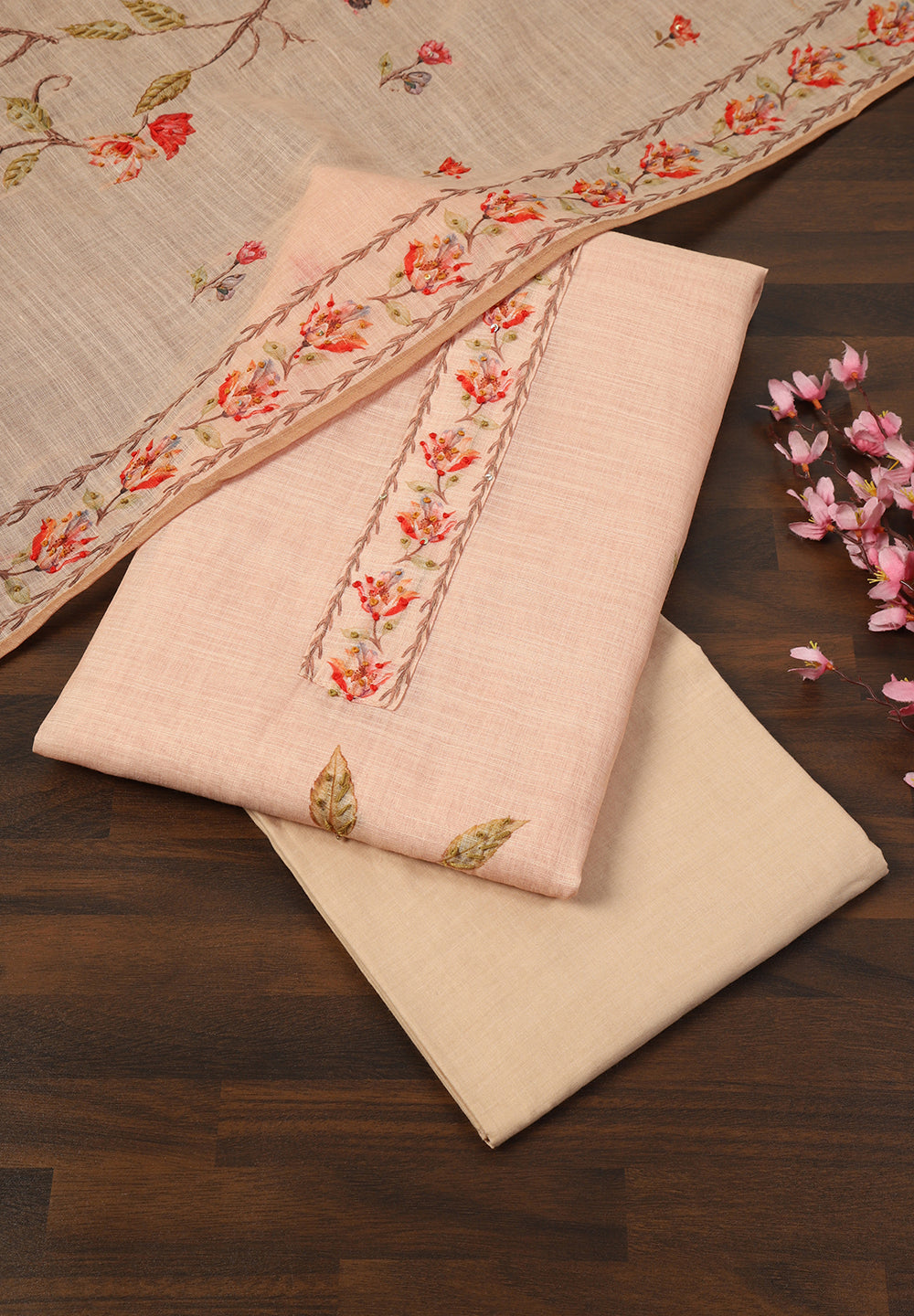 Linen Unstitched Suit With Thread Work