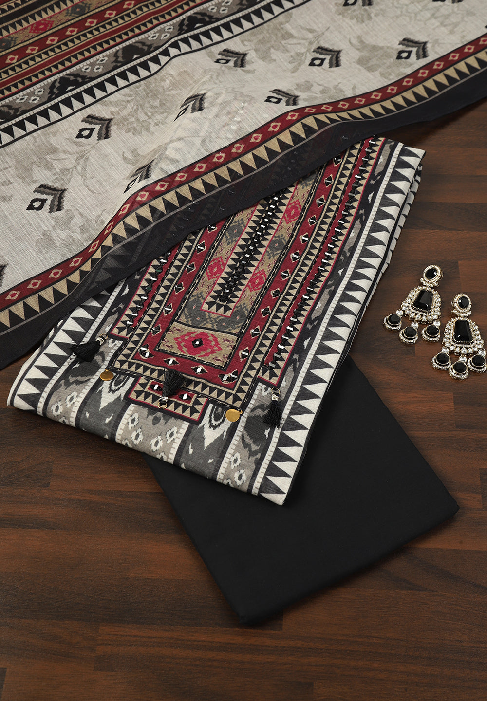 Linen Cotton Unstitched Suit With Mirror Work