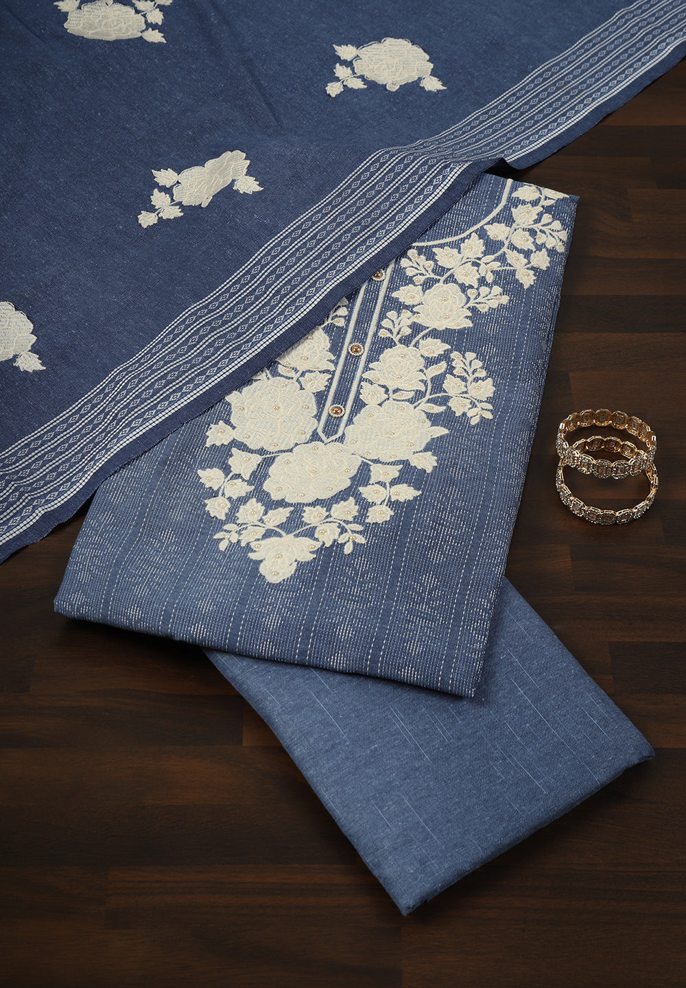 Grace in Every Thread: Cotton Printed Suit with Elegant Pearls Accents