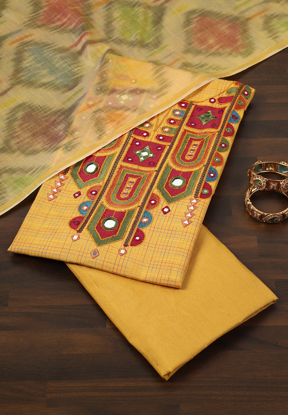Hand-Embroidered Cotton Unstitched Suit with Ikat Dupatta