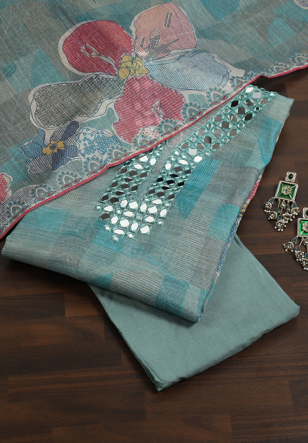 Kota Doria Fabric Unstitched Fabric Suit With Mirror Thread Work