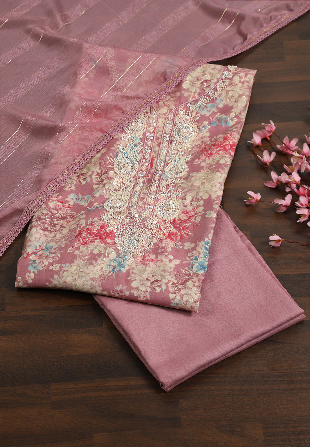 Cotton Unstitched Suit with Zarkan, Pearl & Sequin Work