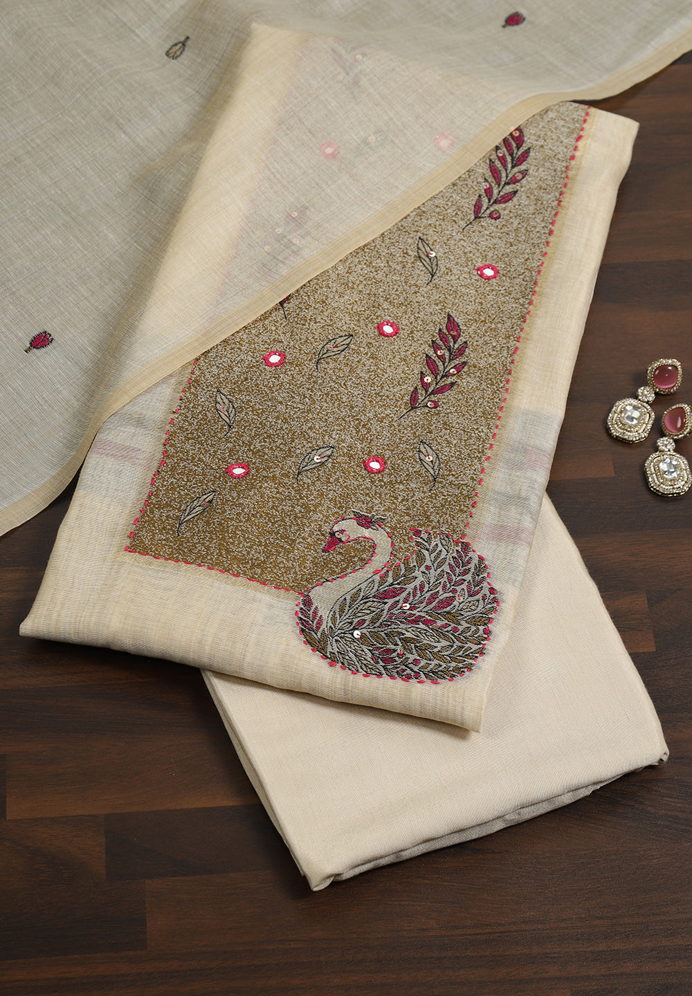 Linen Unstitched Suit With Resham Thread Work