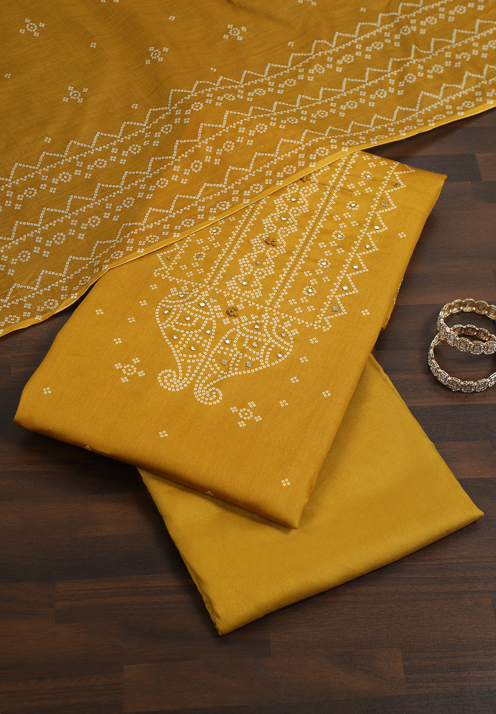 Cotton Unstitched Suit with Bandhani Print & Mirror Work