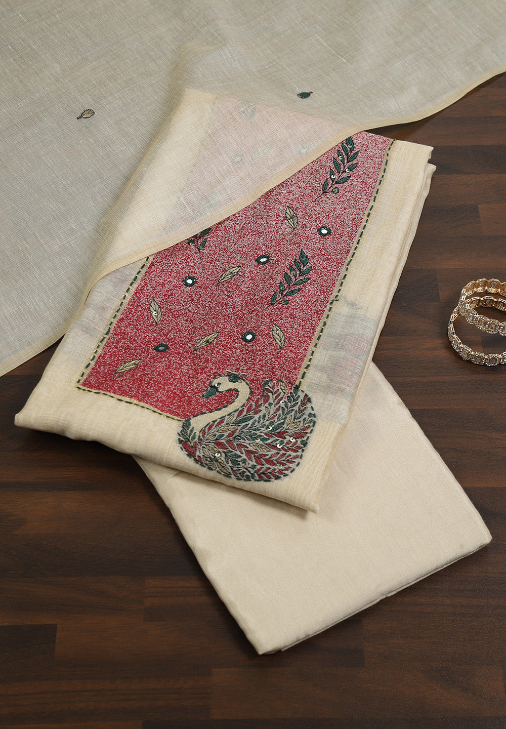 Linen Unstitched Suit With Resham Thread Work