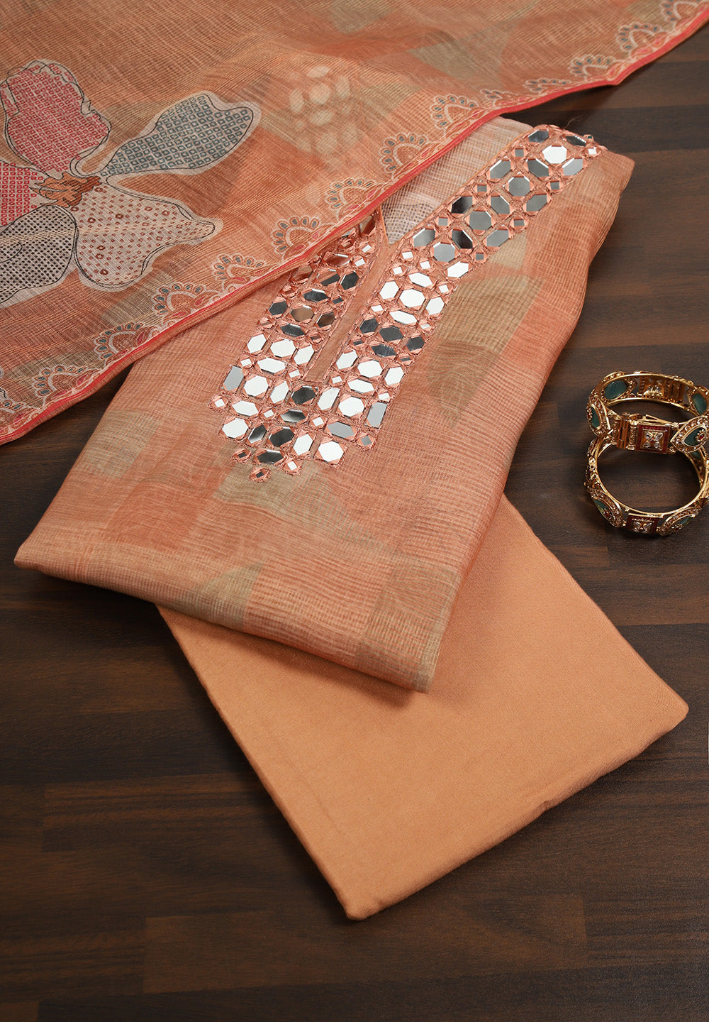 Kota Doria Fabric Unstitched Fabric Suit With Mirror Thread Work