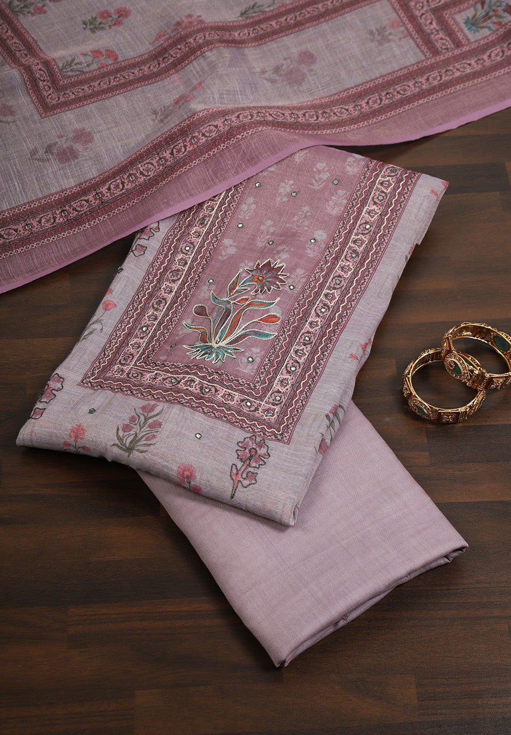 Printed Linen Cotton Unstitched Suit With Thread Work