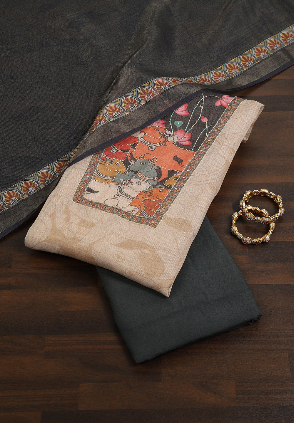 Pichwai Inspired Figure Print Linen Unstitched Suit Set