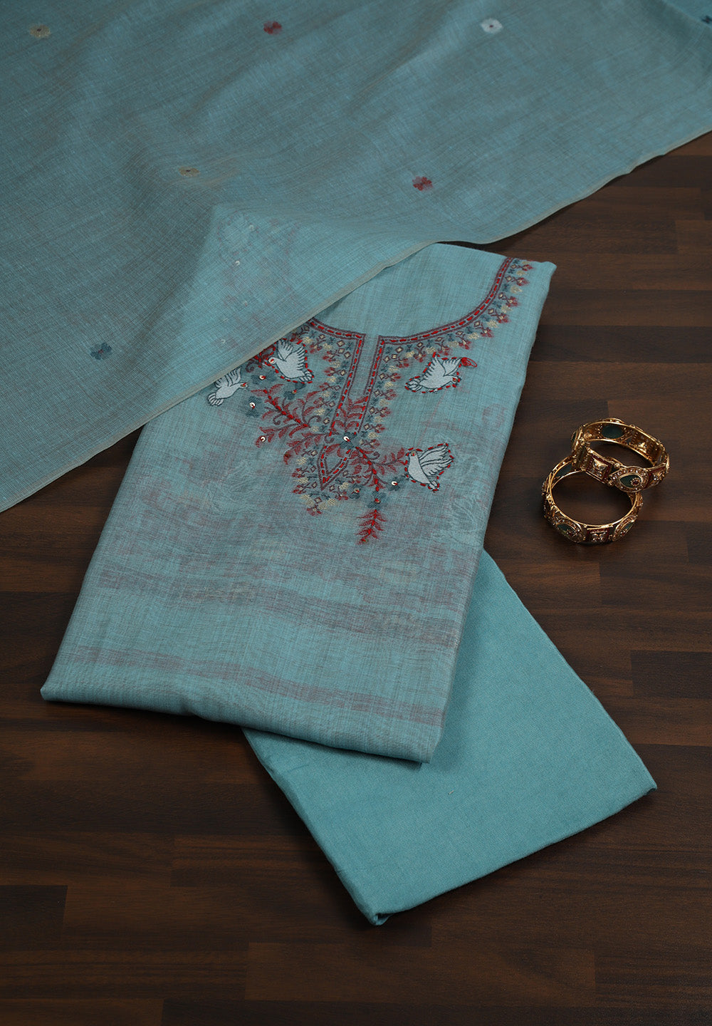 Printed Linen Unstitched Suit With Thread Work