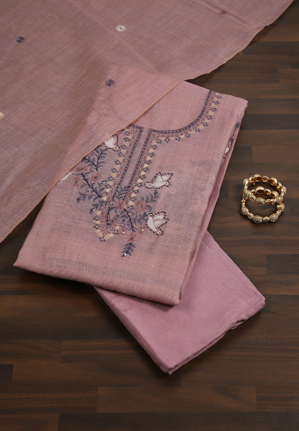 Printed Linen Unstitched Suit With Thread Work