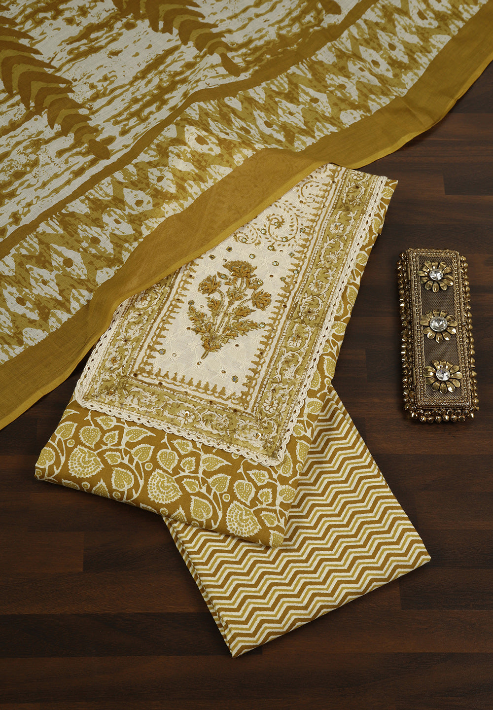 Cotton Unstitched Suit with Stylish Neck Patch