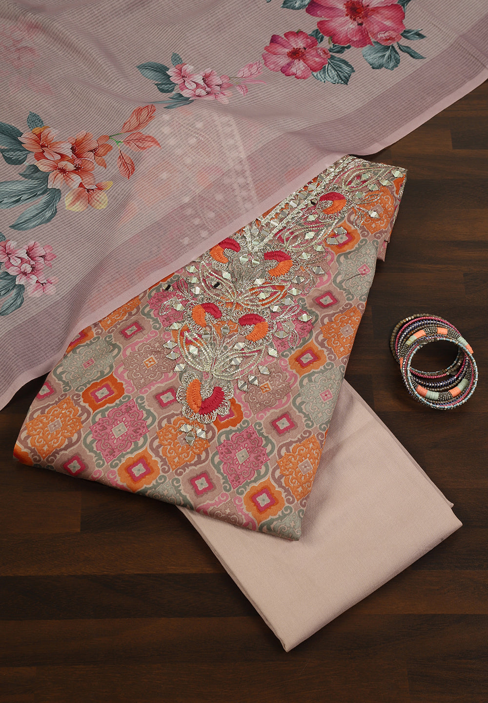 Cotton Unstitched Suit With Mirror Zari Work