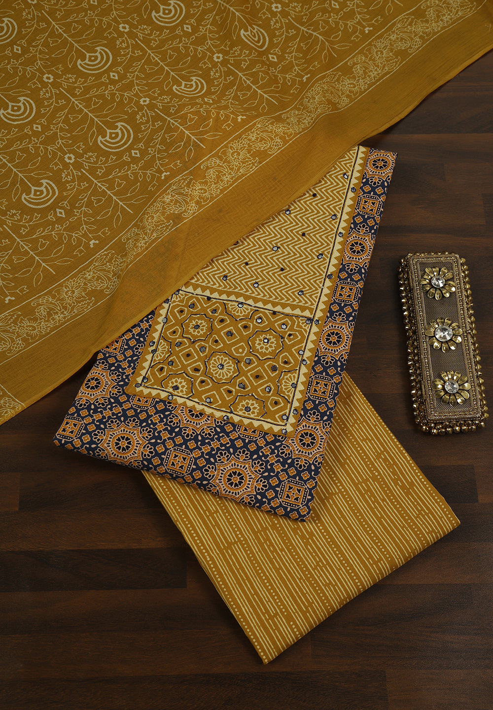 Cotton Fabric Unstitched Suit With Ajrakh Print