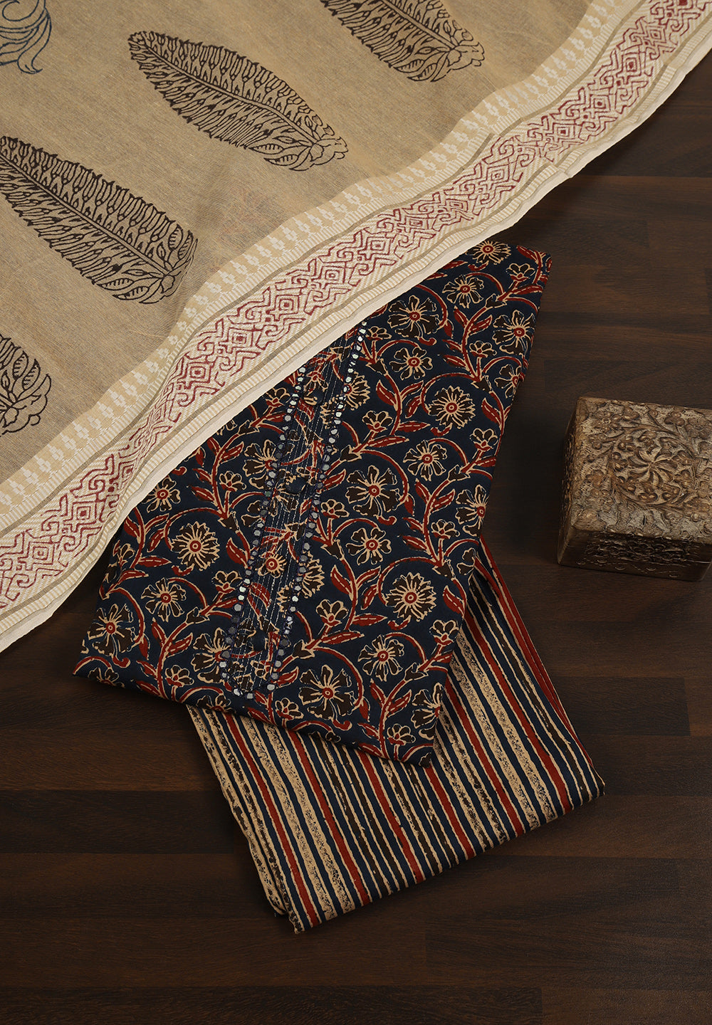 Ethnic Floral Print Cotton Suit Set with Foil Thread Embroidery & Printed Dupatta