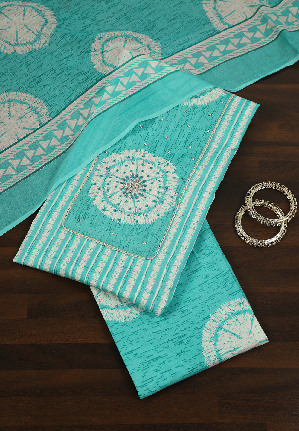 "Printed Perfection: Cotton Unstitched Suit with Stylish Neck Patch"