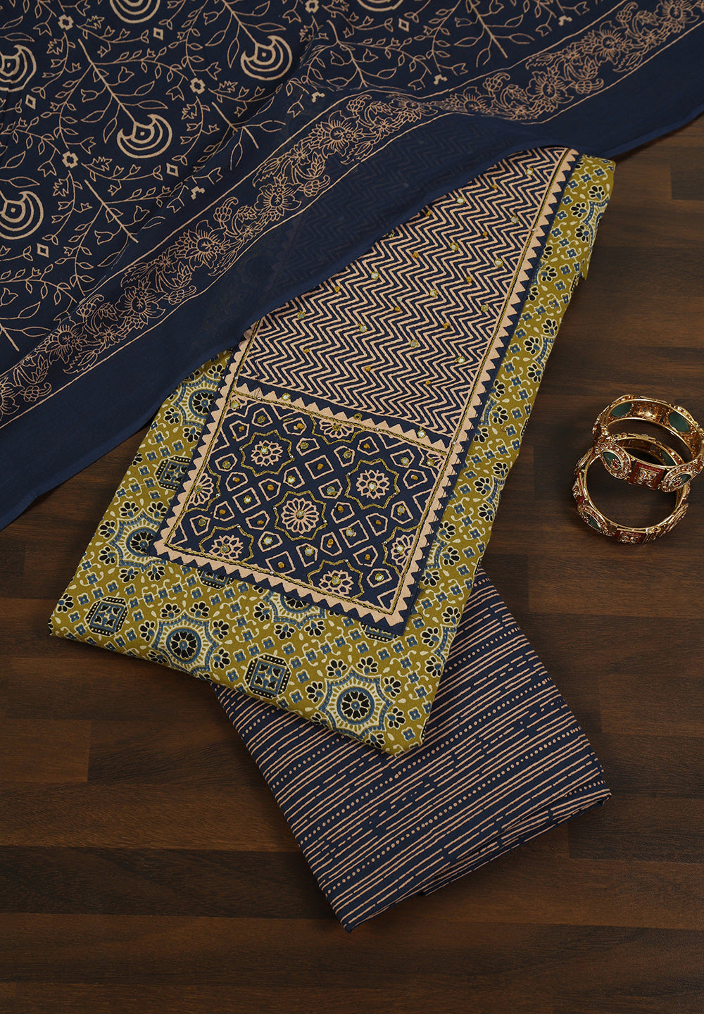 Cotton Fabric Unstitched Suit With Ajrakh Print