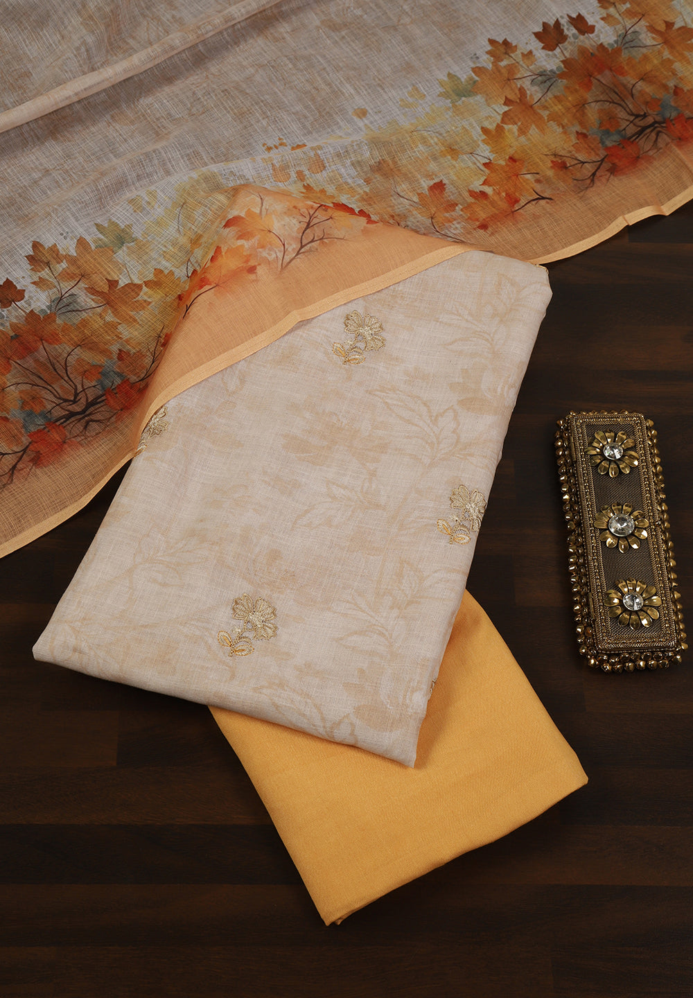 Printed Linen Cotton Unstitched Suit With Thread Work