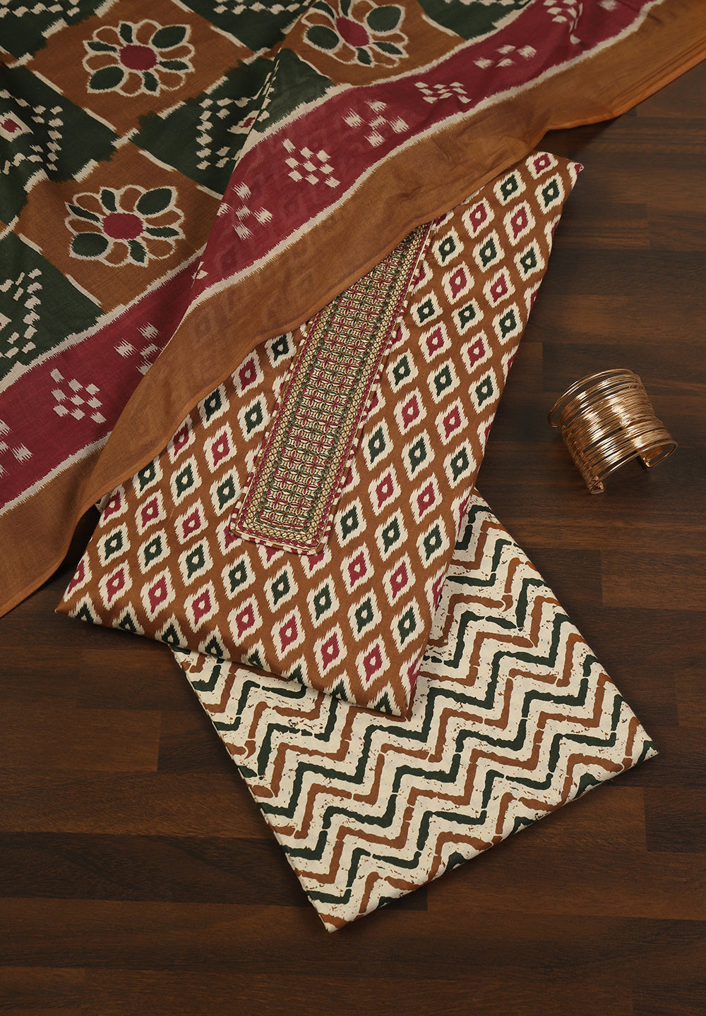 Cotton Unstitched Suit with Stylish Neck Patch