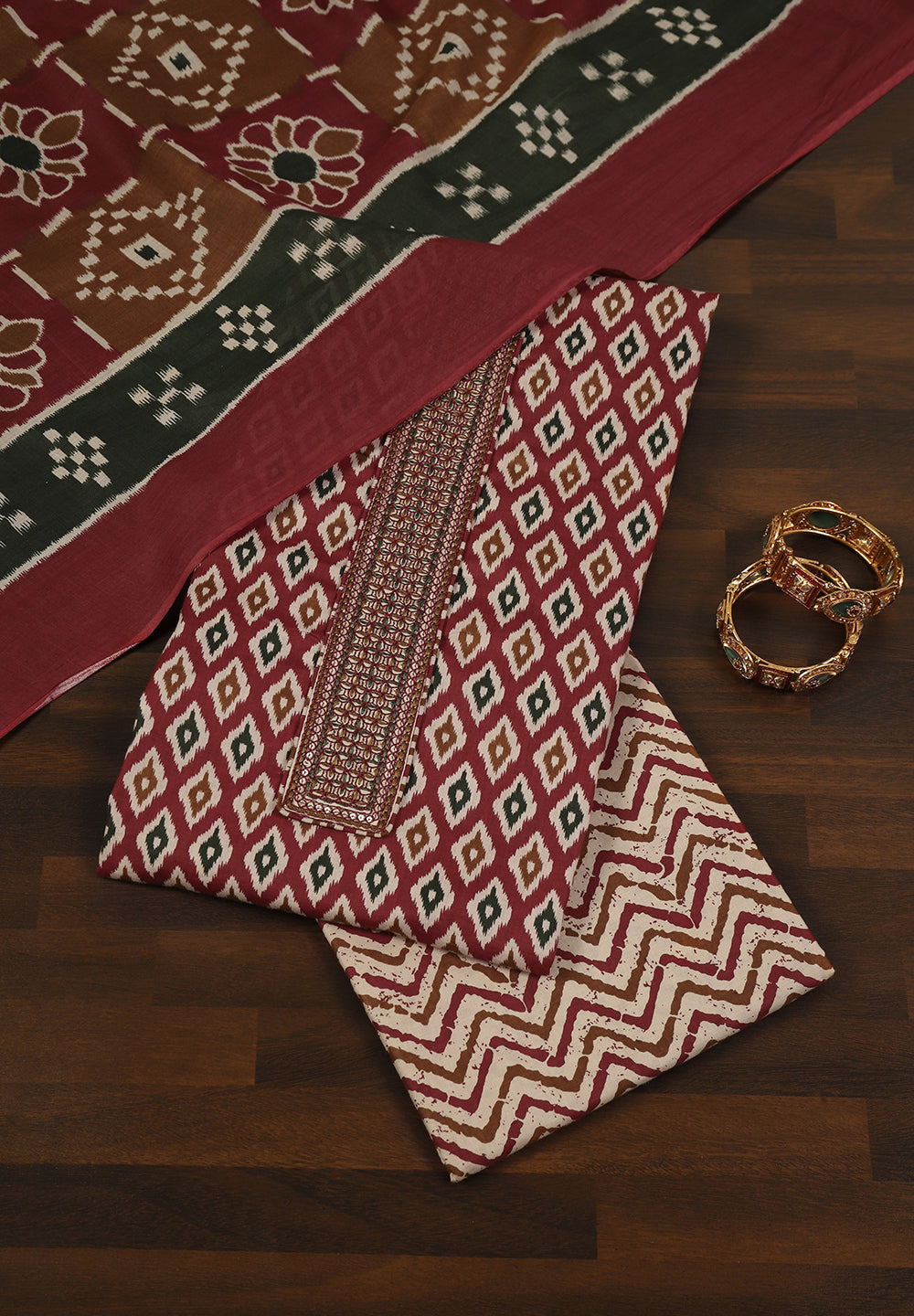 Cotton Unstitched Suit with Stylish Neck Patch