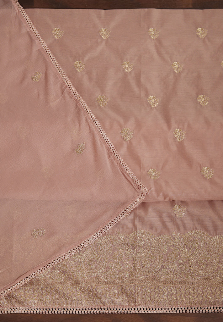 Peach Unstitched Chanderi Fabric Suit Online | Bombay Selections