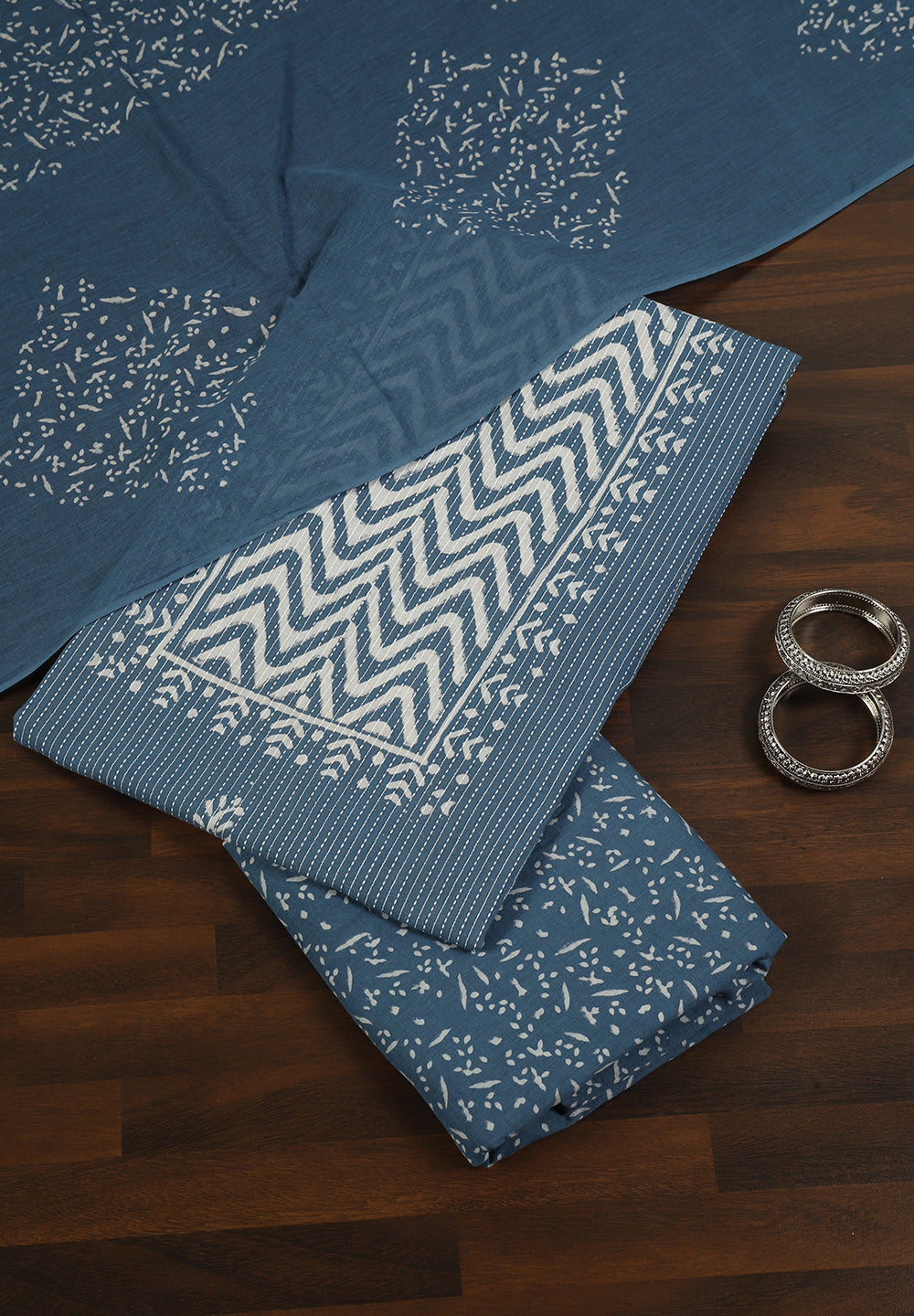 Serene Blue Floral Printed Cotton Unstitched Suit