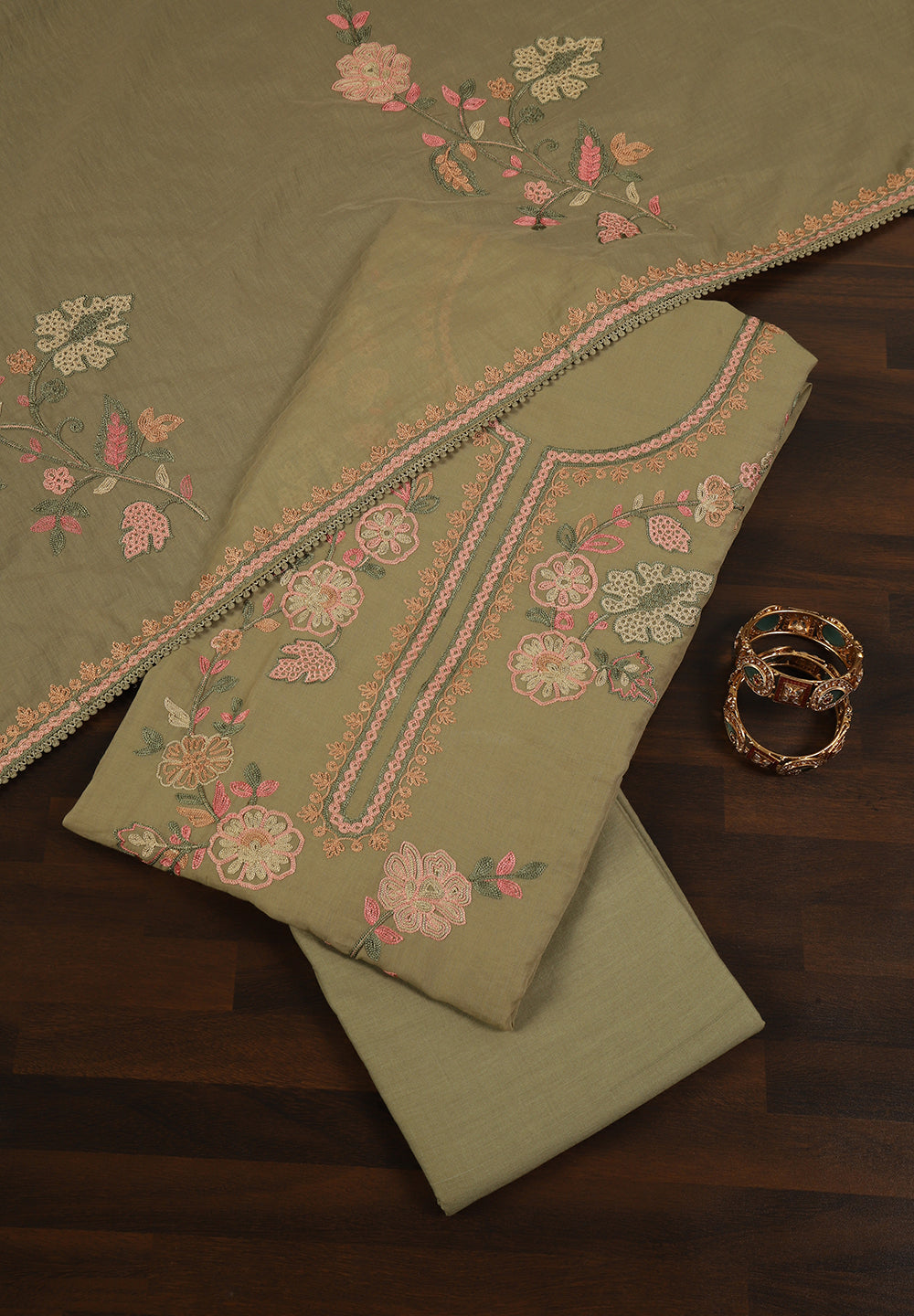 Cotton Unstitched Suit With Multi Resham Thread Work