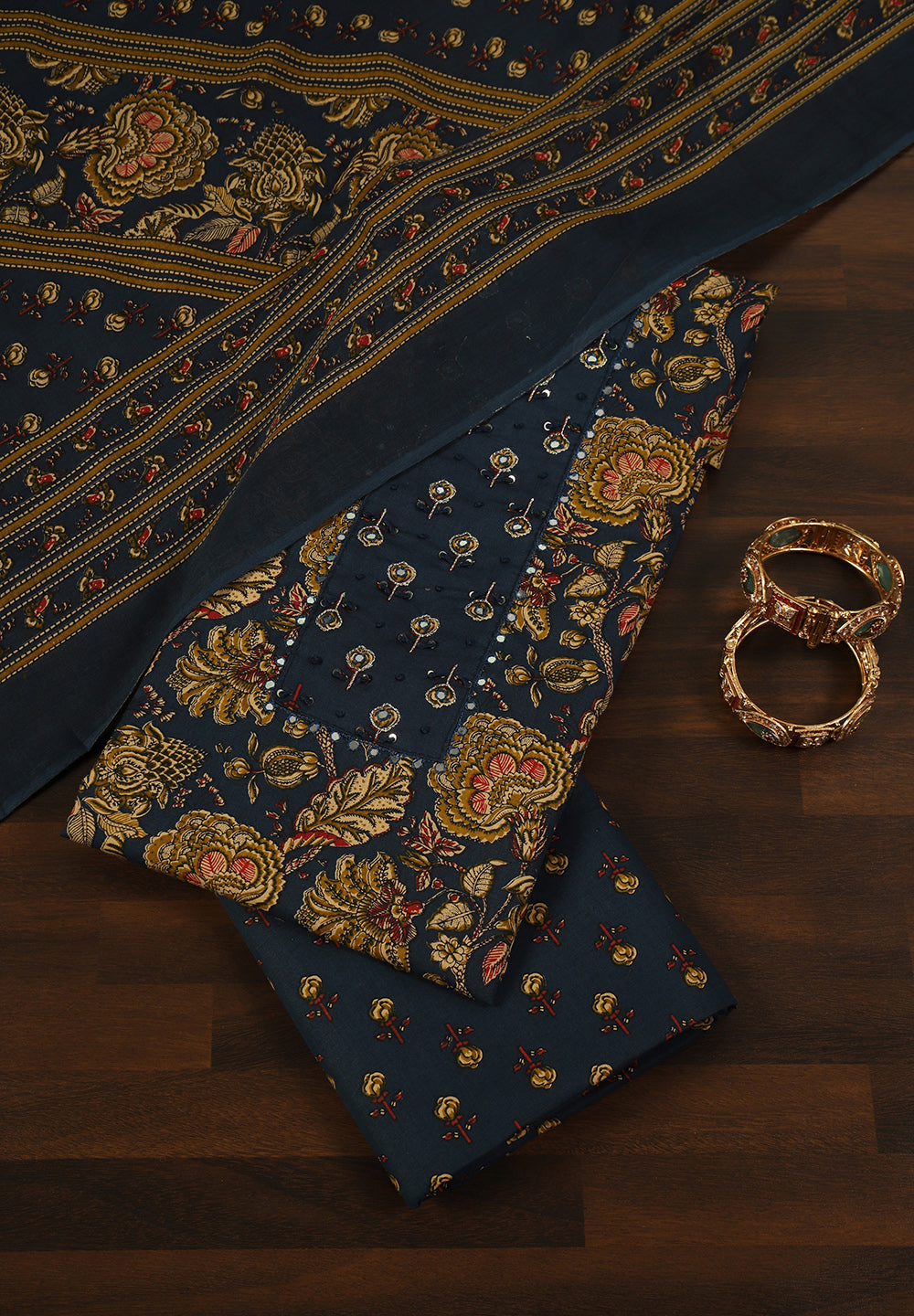 Printed Cotton Unstitched Suit with Mirror & Thread Work