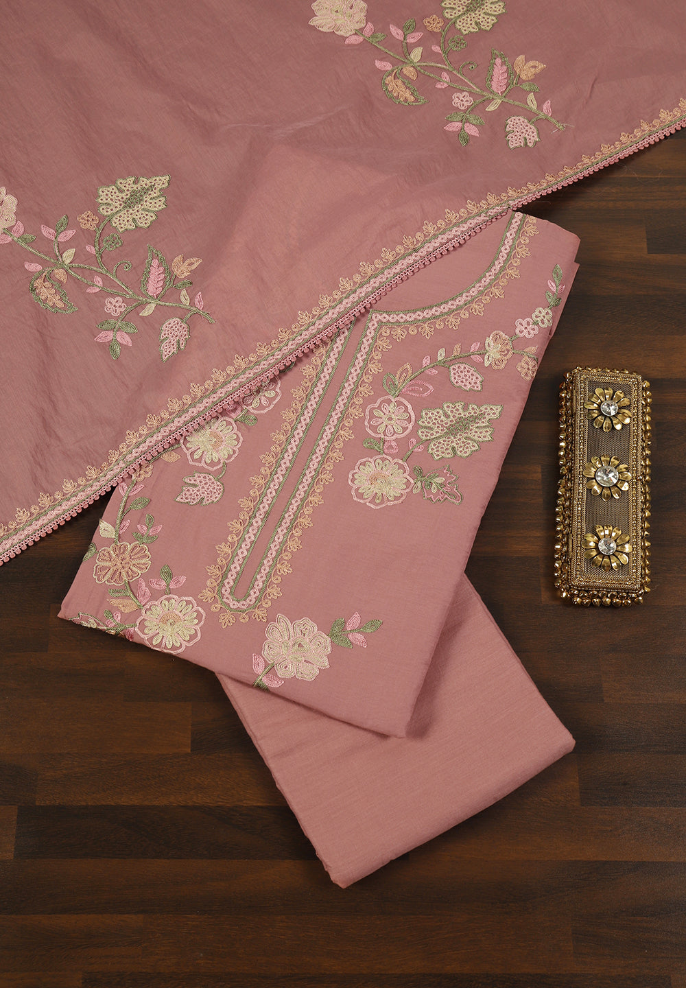 Cotton Unstitched Suit With Multi Resham Thread Work