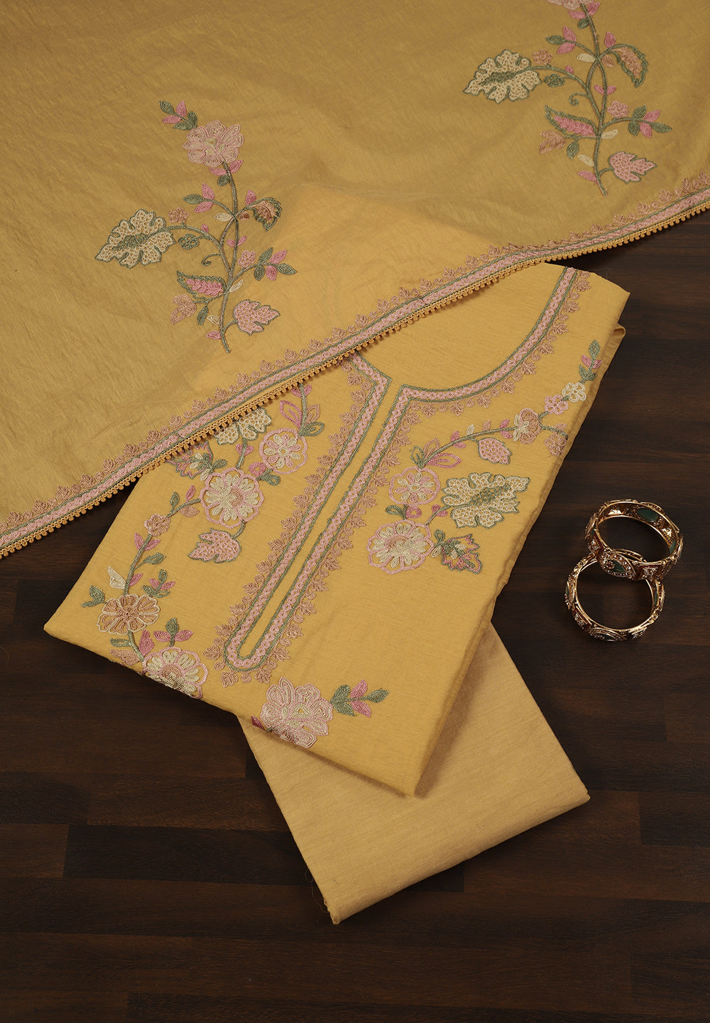 Cotton Unstitched Suit With Multi Resham Thread Work