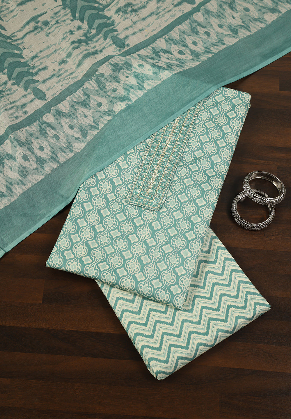 Printed Cotton Unstitched Suit with Stylish Neck Patch