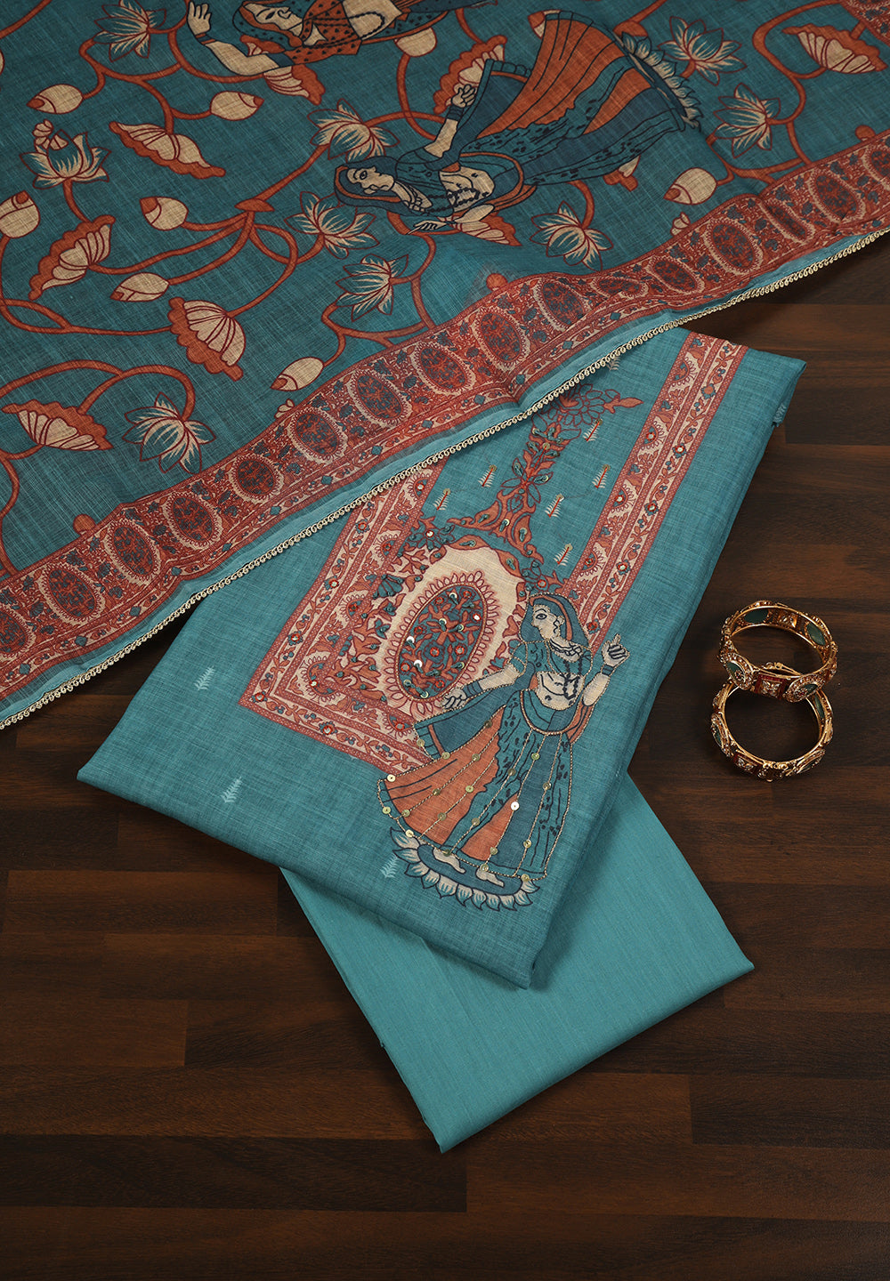 Linen Cotton Unstitched Suit with Hand-Worked Sequins Kasab Yoke