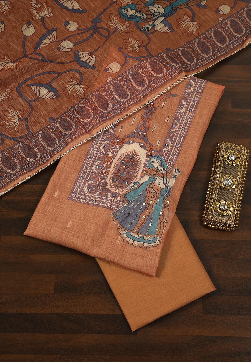 Linen Cotton Unstitched Suit with Hand-Worked Sequins Kasab Yoke