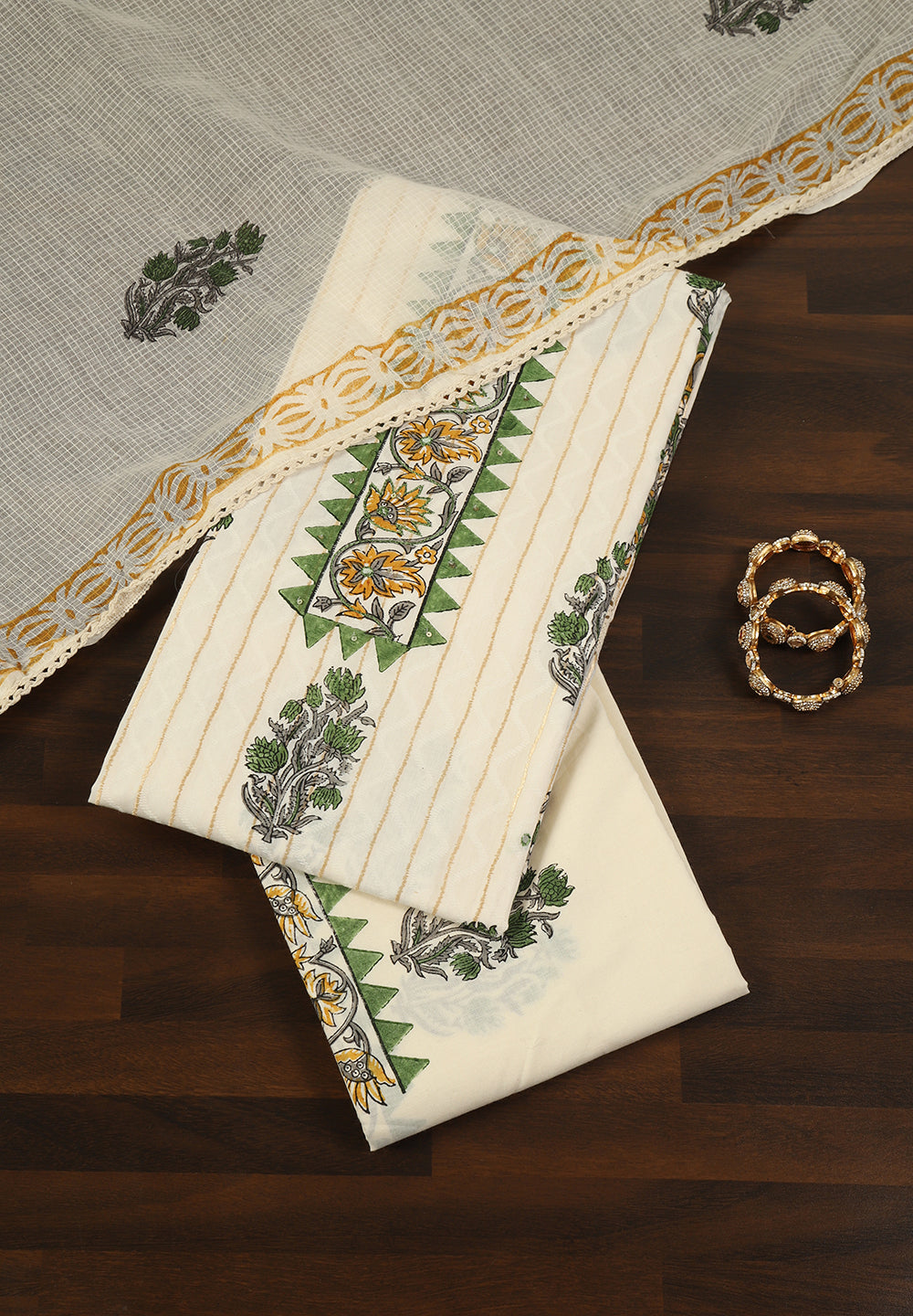 Cotton Unstitched Suit with Thread Sequins Work & Printed Dupatta