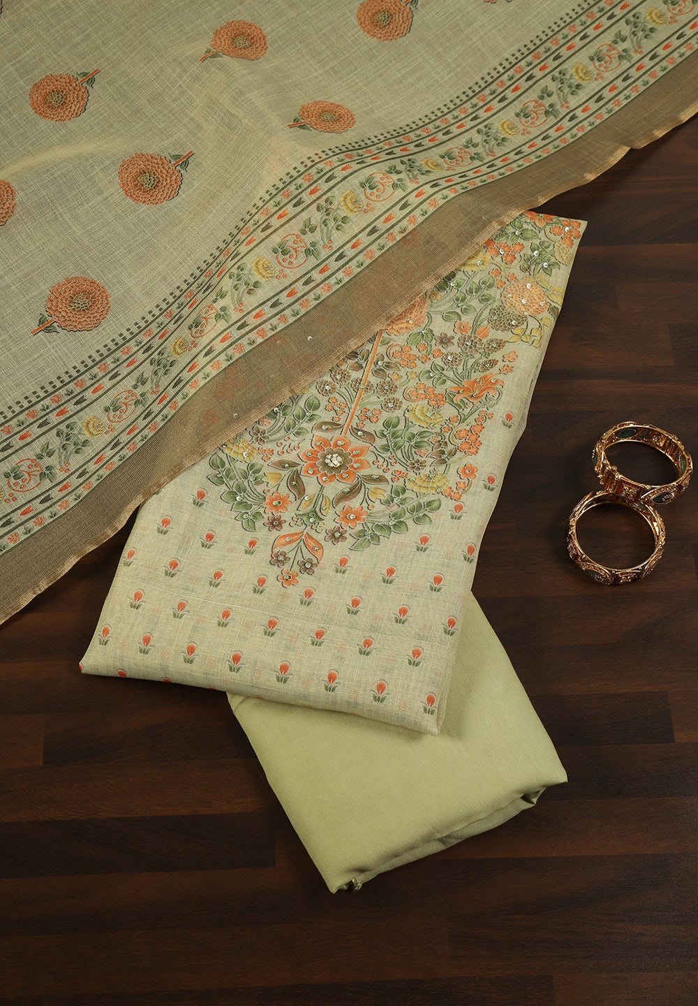 Linen Cotton Unstitched Suit With Sequins Note Work