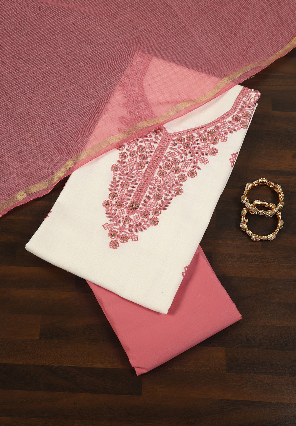 White Linen Cotton Unstitched Suit with Hand Embroidery