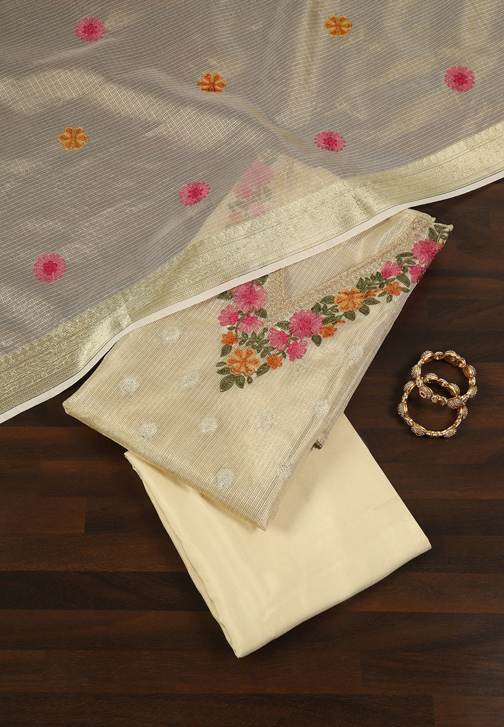 Exquisite Gold Banarasi Kota Doriya Unstitched Suit with Floral Embroidery