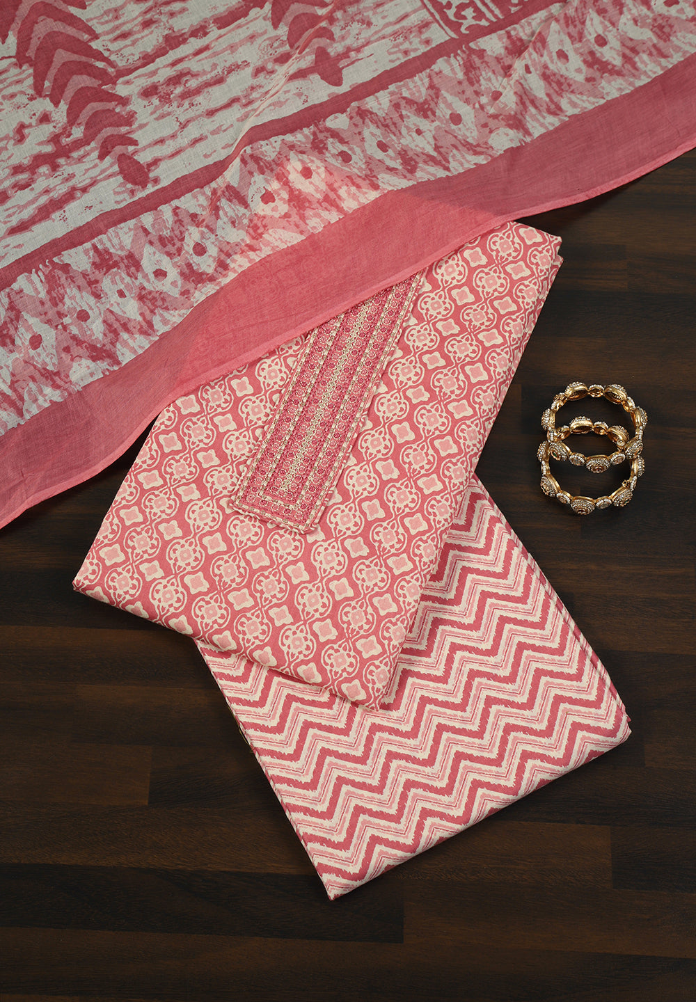 Printed Cotton Unstitched Suit with Stylish Neck Patch