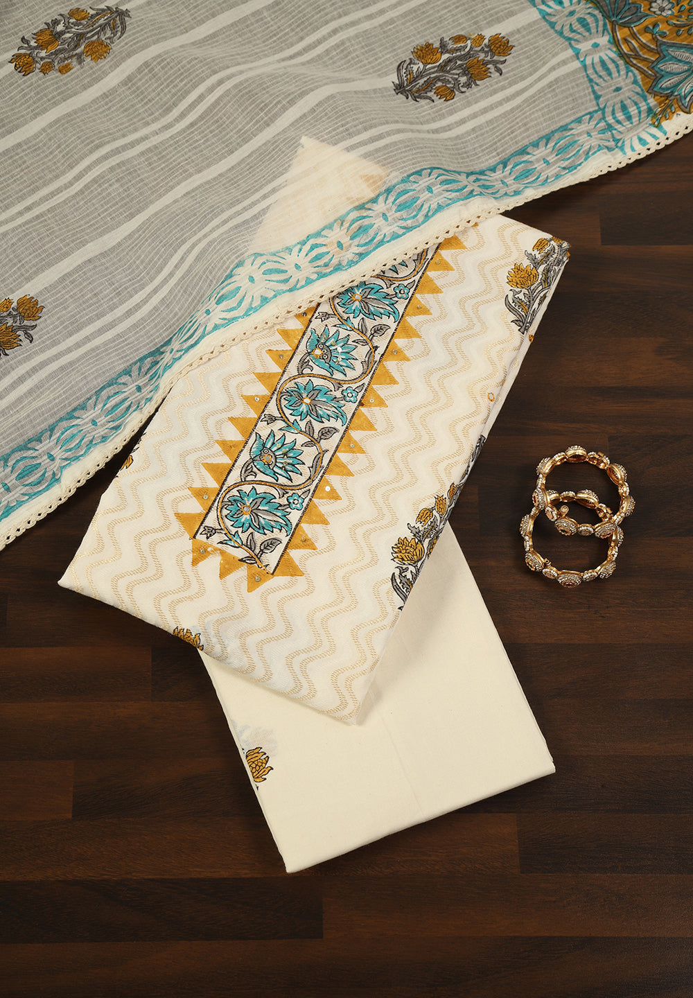 Cotton Unstitched Suit with Thread Sequins Work & Printed Dupatta