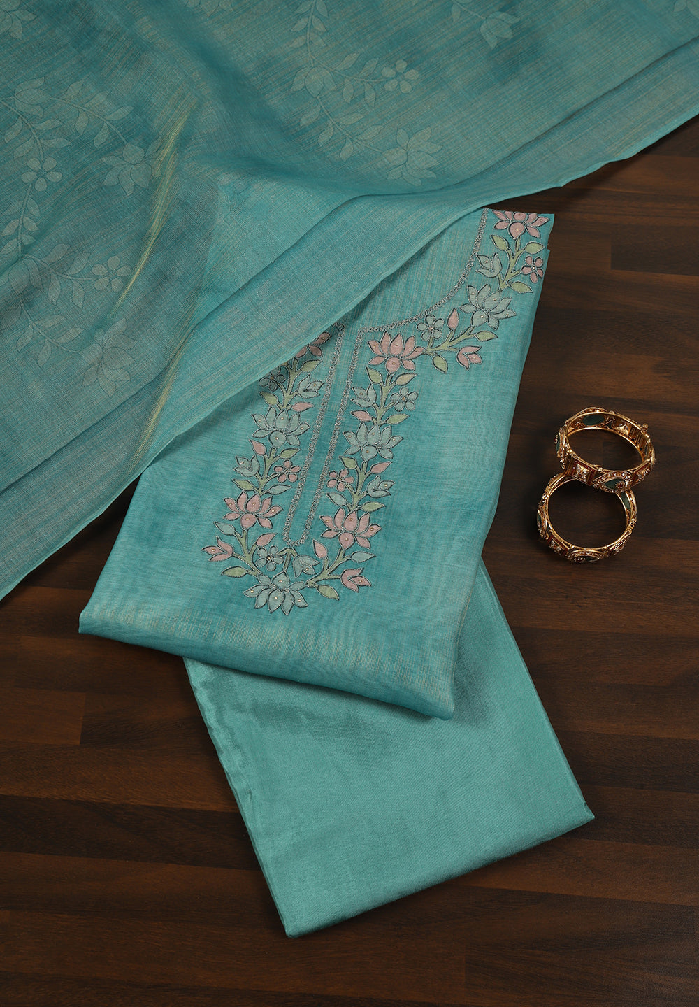 Linen Cotton Unstitched Suit With Thread Work