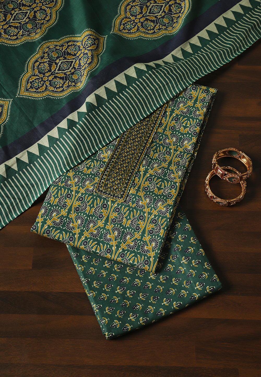 Ethnic Floral Print Cotton Suit Set with Foil Thread Embroidery & Printed Dupatta