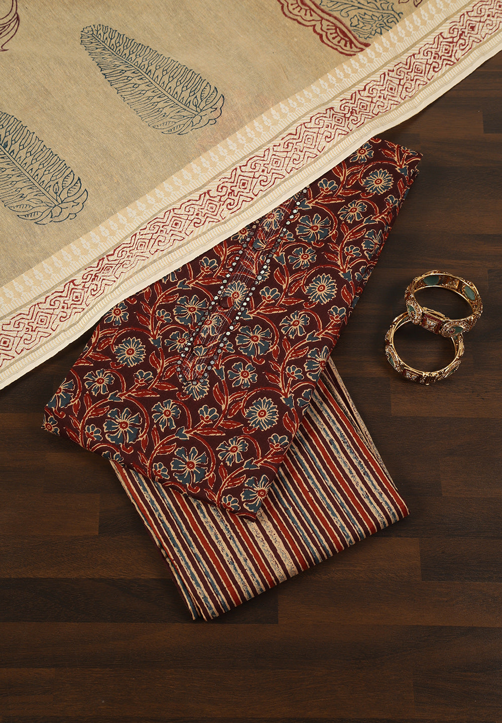 Ethnic Floral Print Cotton Suit Set with Foil Thread Embroidery & Printed Dupatta