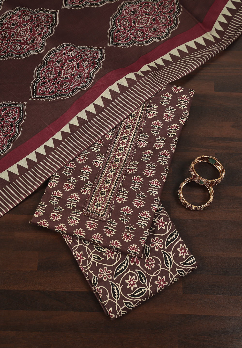 Cotton Unstitched Suit with Stylish Neck Patch