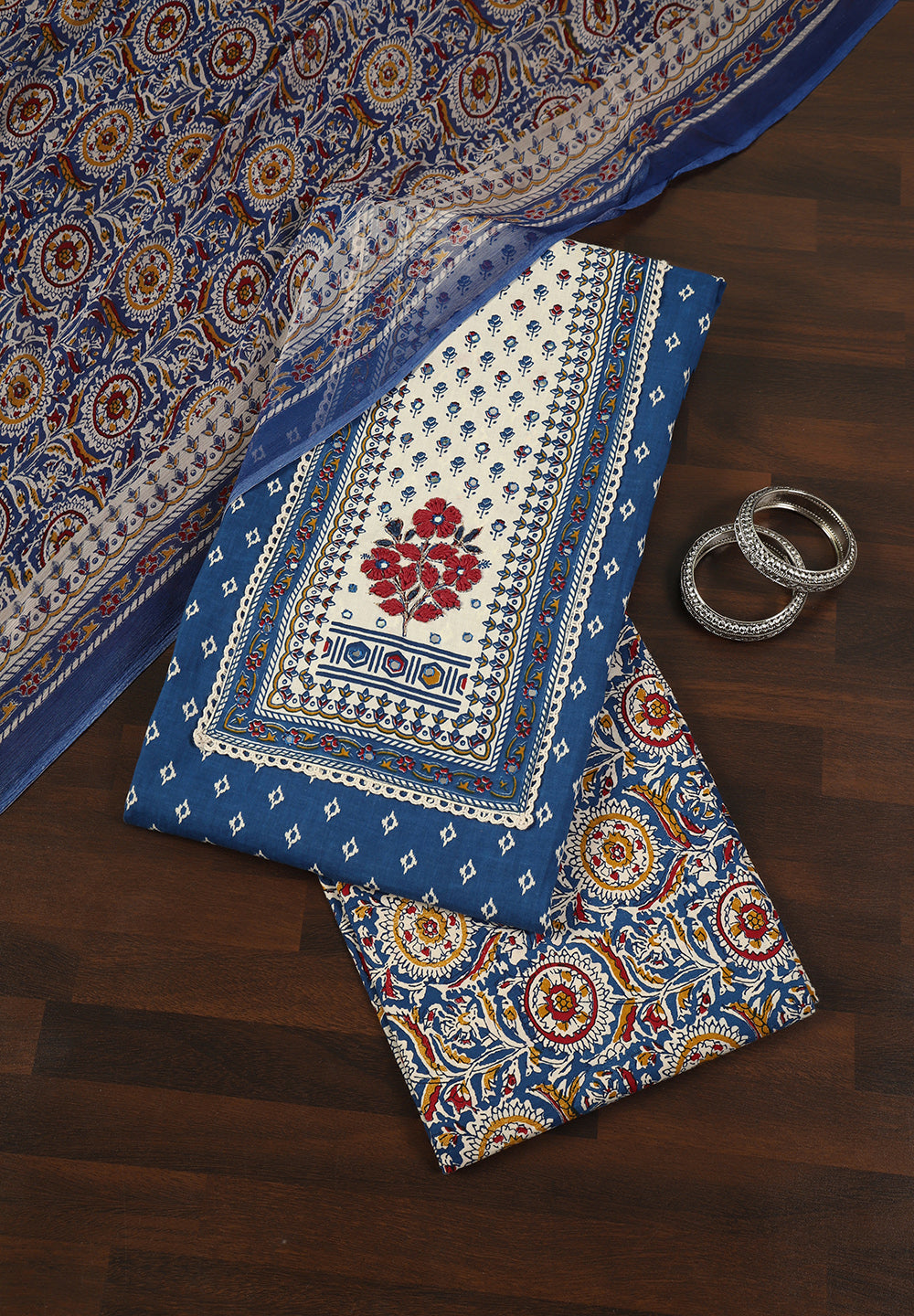 Unstitched Suit with Intricate Thread Neck Patch & Printed Chiffon Dupatta